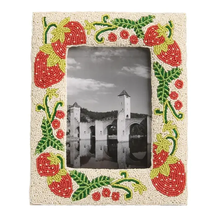 White and Red Beaded Strawberries Picture Frame