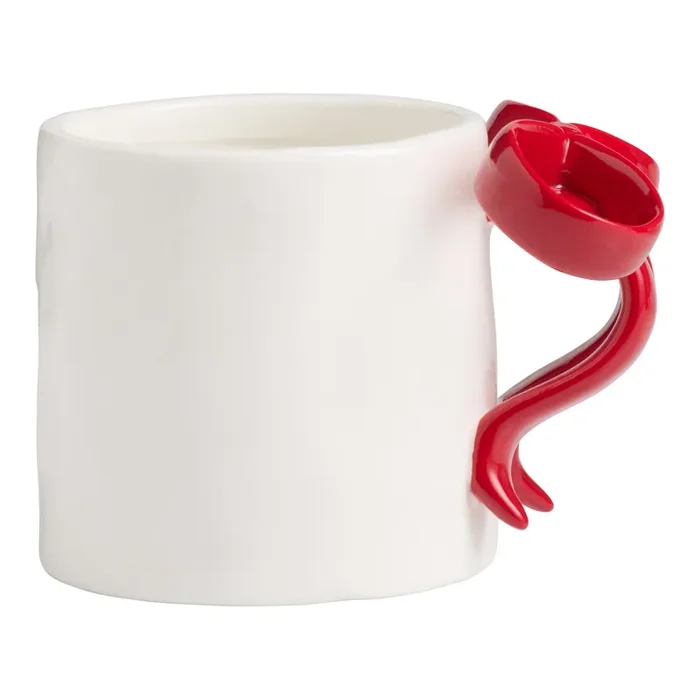 White and Red Ceramic Mug with Bow Handle