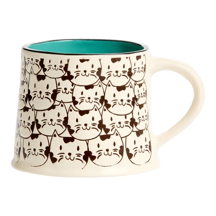 White, Black and Teal Wax Resist Cat Faces Ceramic Mug
