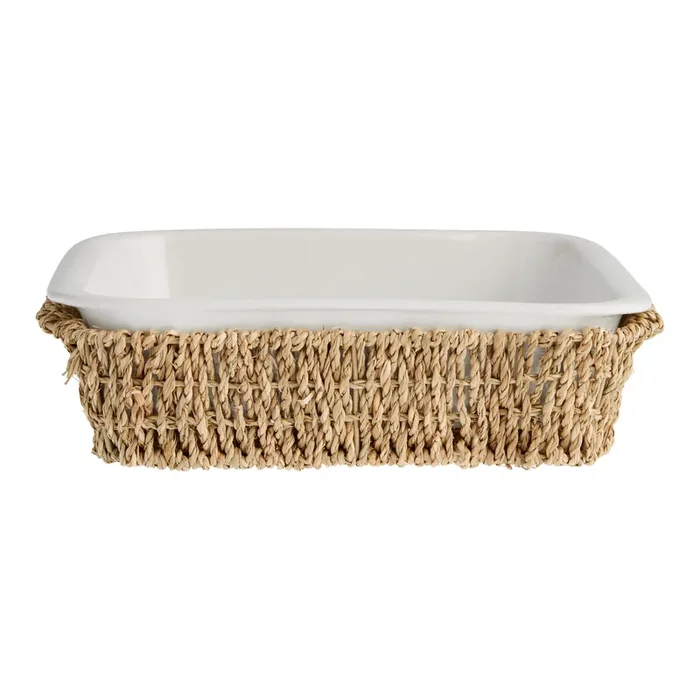 White Ceramic Baking Dish with Seagrass Trivet