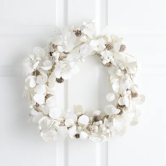 White Faux Eucalyptus with Pinecones and Berries Wreath