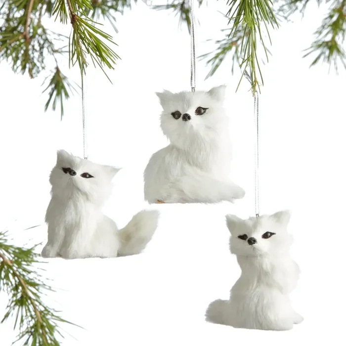 White Faux Fur Fox Ornaments Set of 3