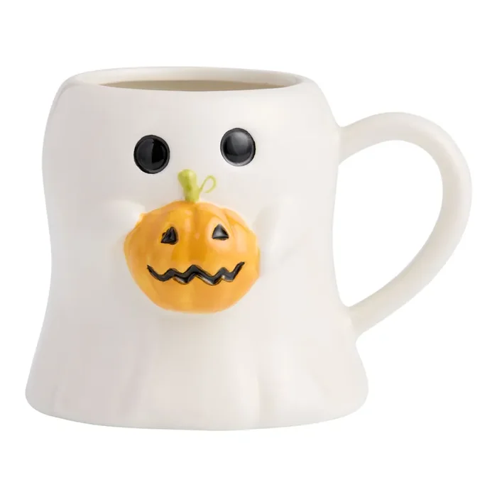 White Ghost with Pumpkin Figural Ceramic Mug