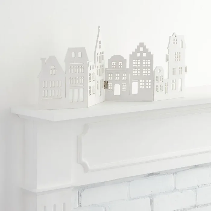 White Laser Cut Wood Panel Canal Houses Tabletop Decor