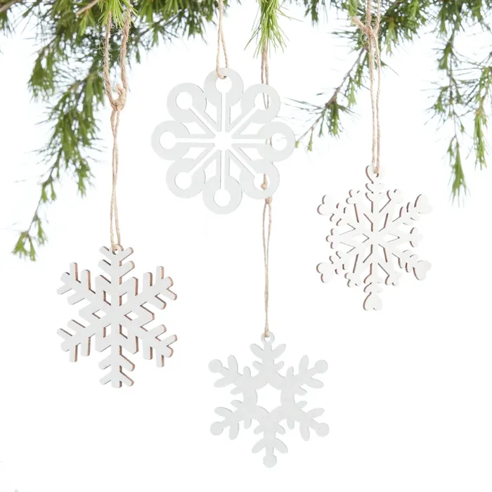 White Laser Cut Wood Snowflake Boxed Ornaments 12 Pack