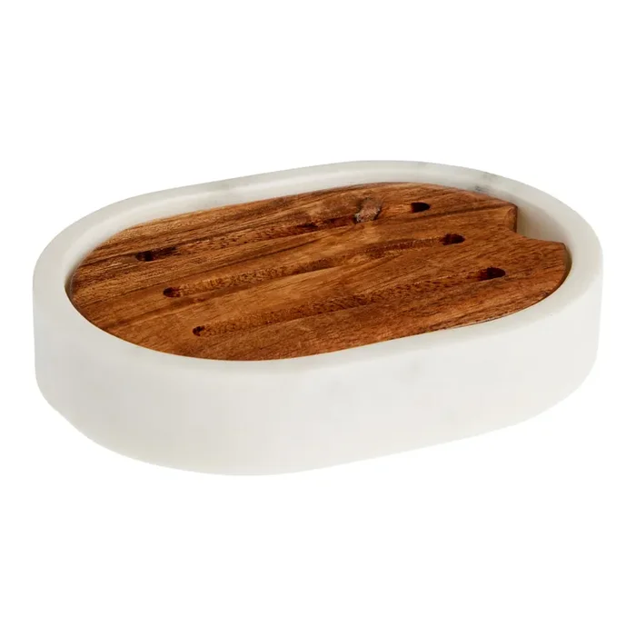 White Marble And Acacia Wood Soap Dish