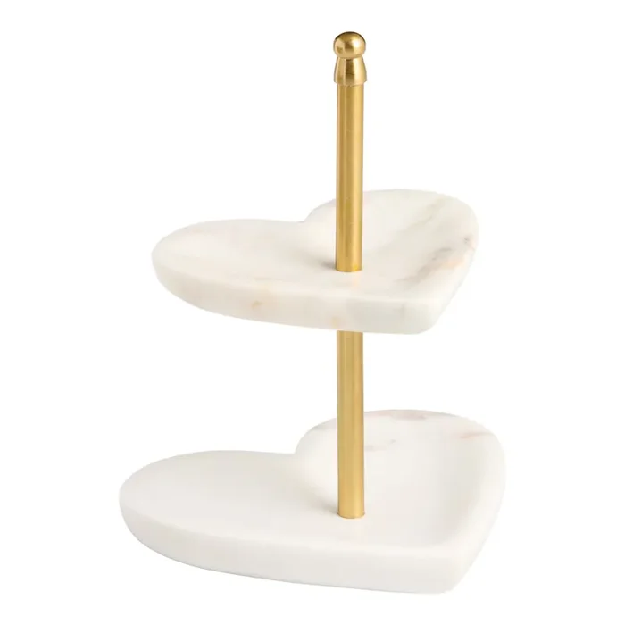 White Marble and Gold Metal 2 Tier Heart Shaped Jewelry Stand