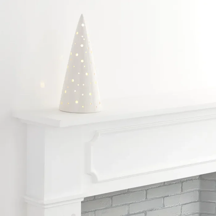White Pierced Ceramic Cone Tree Light Up Decor 10 Inch
