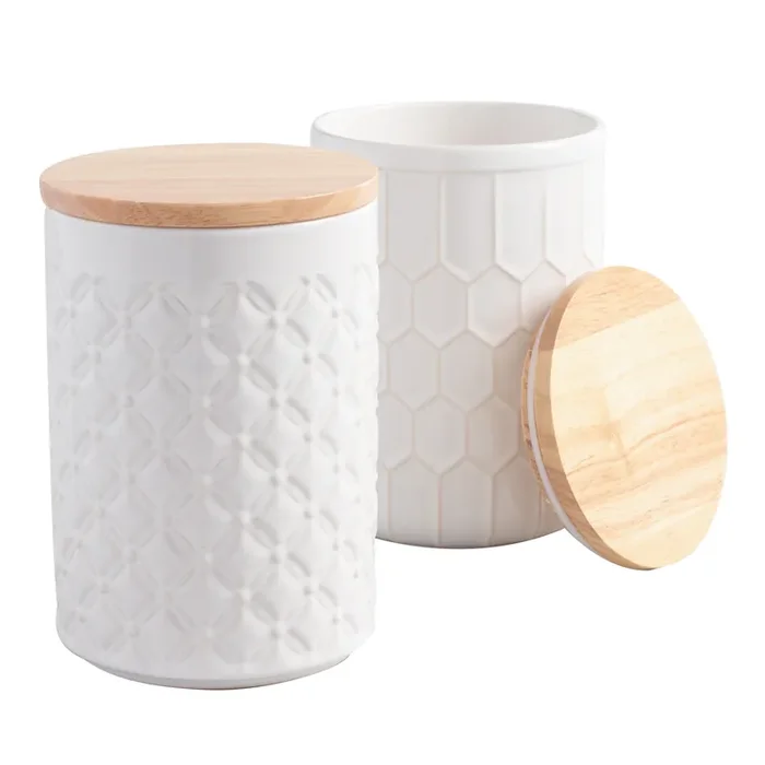 White Textured Ceramic Canisters with Bamboo Lids Set of 2