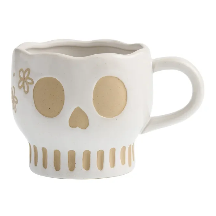 White Wax Resist Floral Skull Ceramic Mug