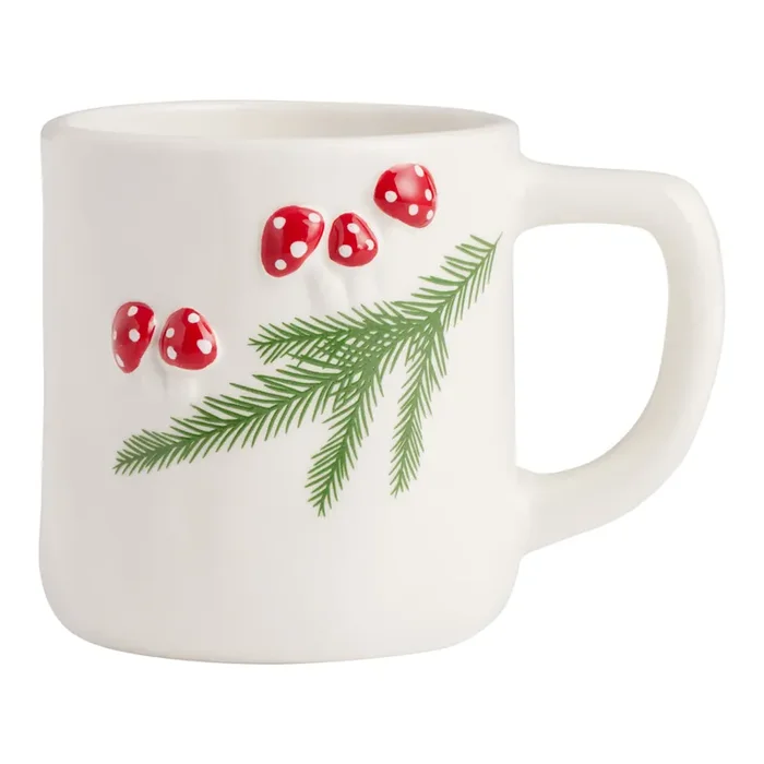 White Winter Mushroom And Pine Leaf Ceramic Mug