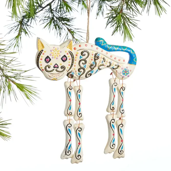 White Wood Day of The Dead Cat Ornament