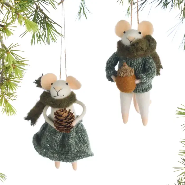 White Wool Mouse with Green Scarf Ornaments Set of 2