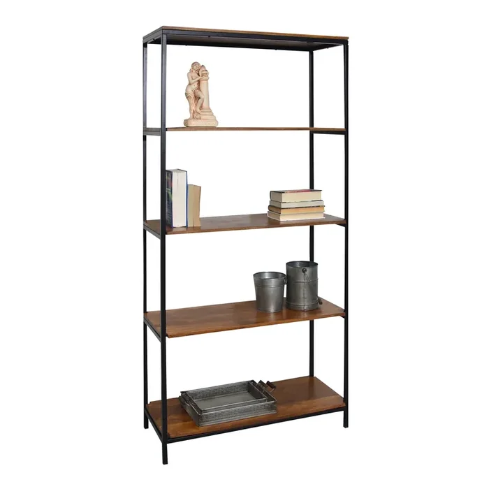 Williard Chestnut Wood and Black Metal Bookshelf