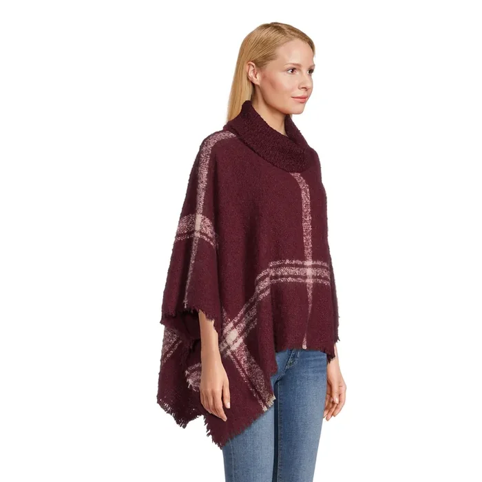 Wine And Ivory Windowpane Turtleneck Boucle Poncho