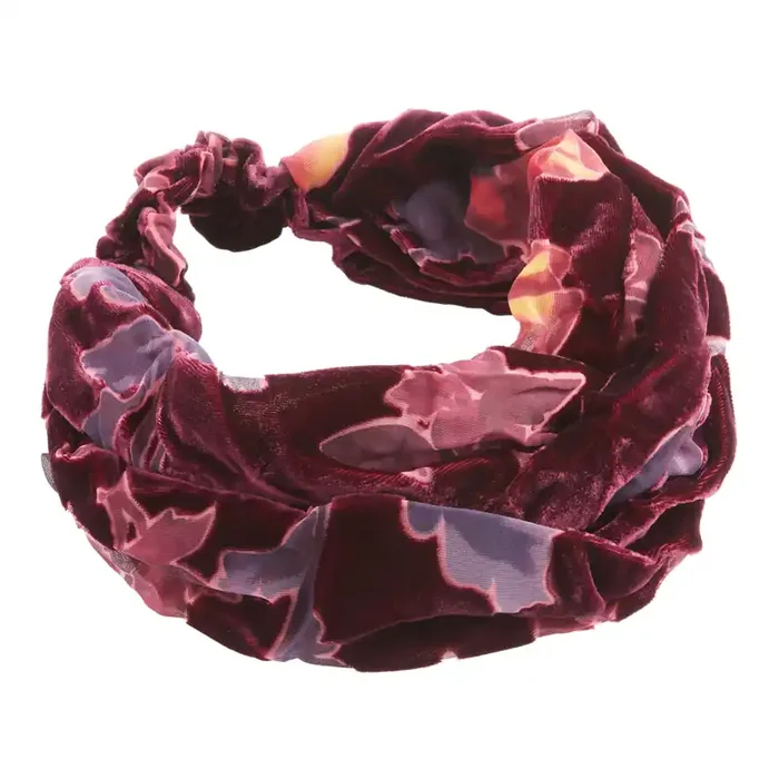 Wine Floral Burnout Velvet Knotted Headband