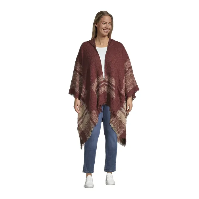 Wine Red And Ivory Plaid Hooded Wrap