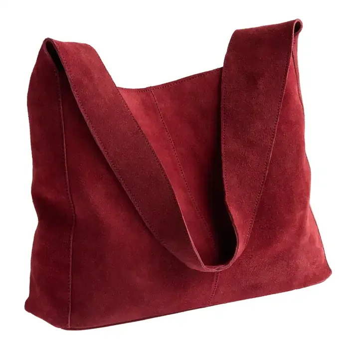 Wine Suede Leather Boxy Hobo Tote Bag