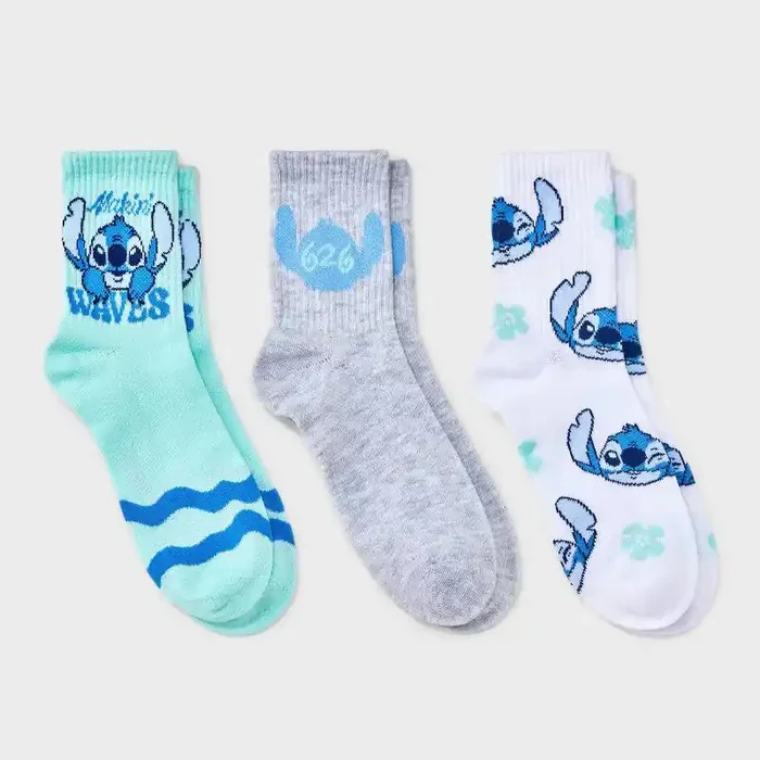 Women‘s Lilo & Stitch 3pk Mid Crew Socks – Mint/Heather Gray/White 4-10 Polyester, Spandex, Knit, Ribbed, Machine Washable