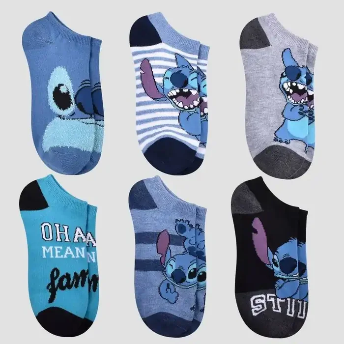 Women‘s Lilo and Stitch 6pk Low Cut Socks – Blue 4-10 Disney Knit Midweight, Machine Washable, Tumble Dry, Opaque, Stitch Design
