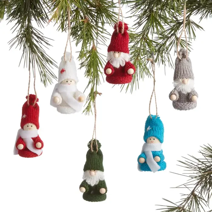 Wood and Fabric Gnome and Kid Boxed Ornaments 6 Pack