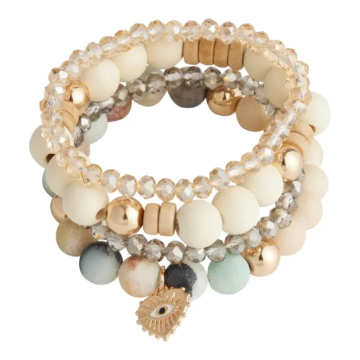 Wood And Jade Stone Beaded Stretch Bracelets 4 Pack