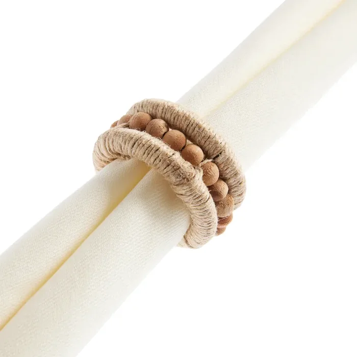 Wood Beaded Jute Napkin Ring Set of 2