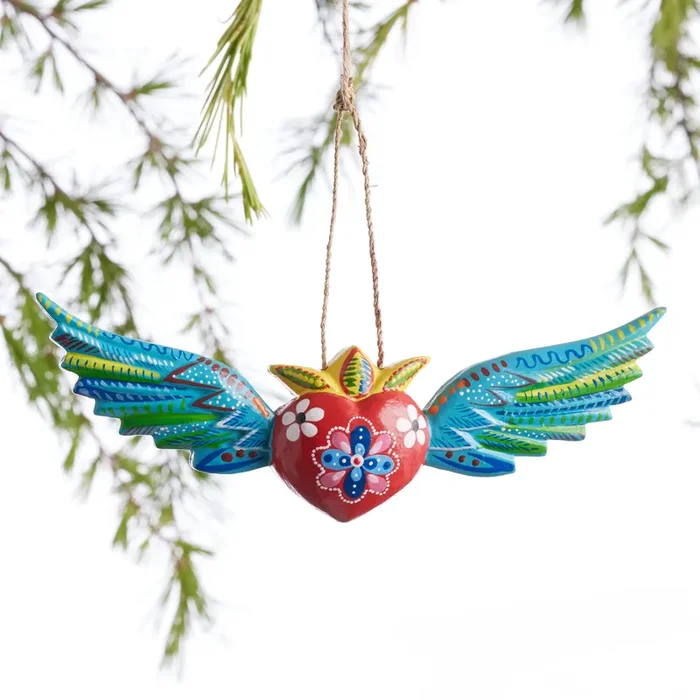 Wood Sacred Heart With Wings Ornament