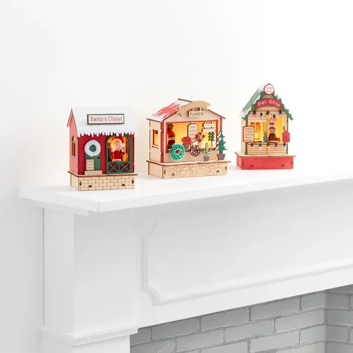 Woodcut Market Stall LED Light Up Decor Set of 3