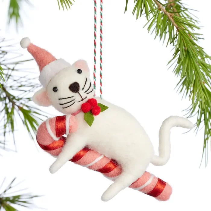 Wool Cat with Candy Cane Ornament