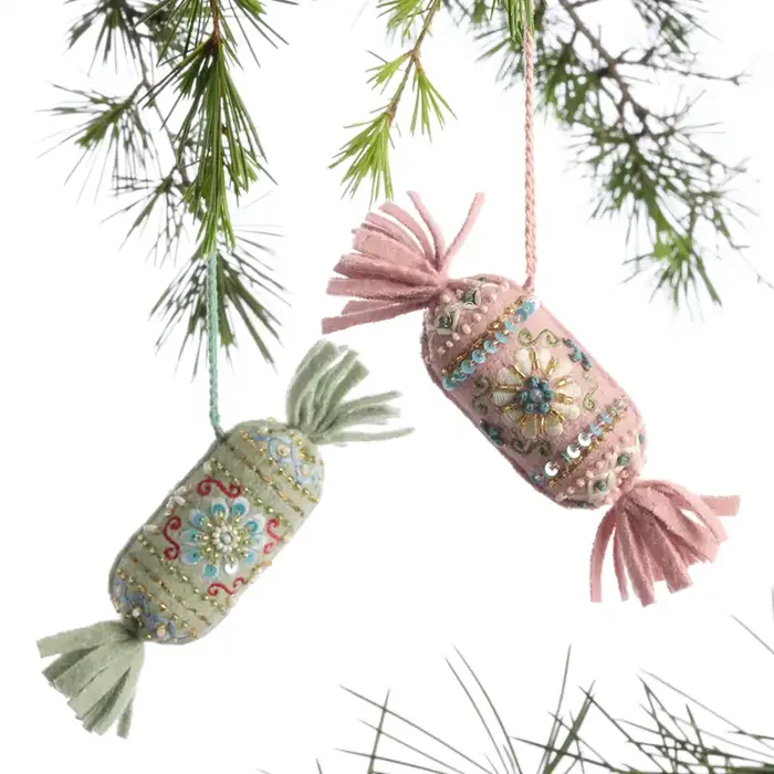 Wool Embroidered Christmas Cracker Ornaments Set of 2