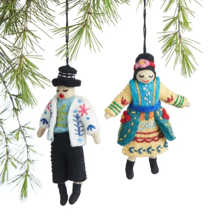 Wool Folkloric Villager Ornaments Set Of 2