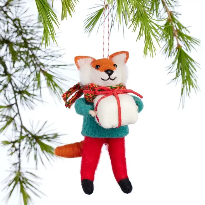 Wool Fox with Present Ornament