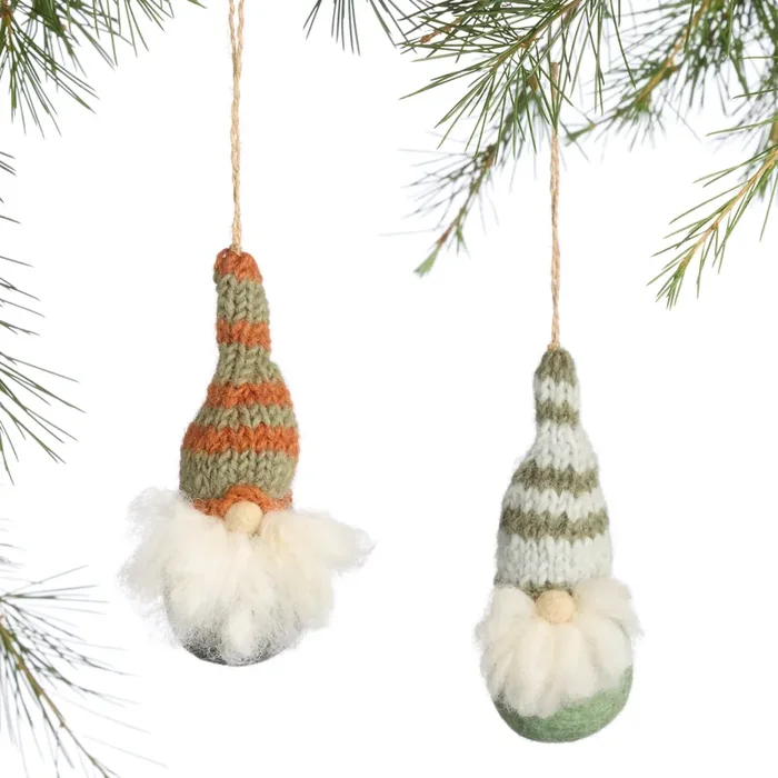 Wool Gnome with Knit Hat Ornaments Set of 2
