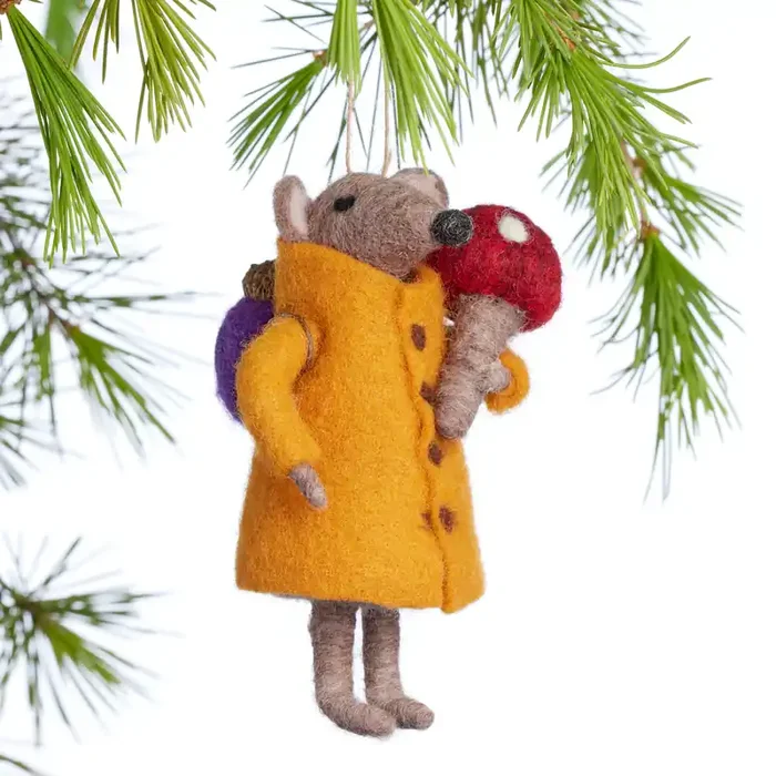Wool Mouse with Mushroom Ornament