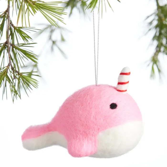 Wool Narwhal With Candy Cane Tusk Ornament