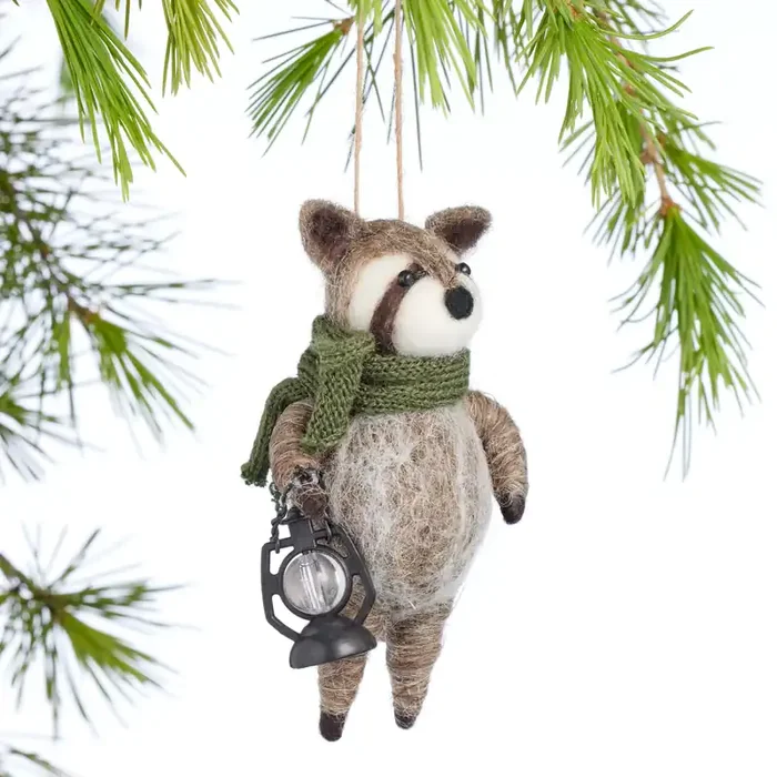 Wool Racoon with Lantern Ornament