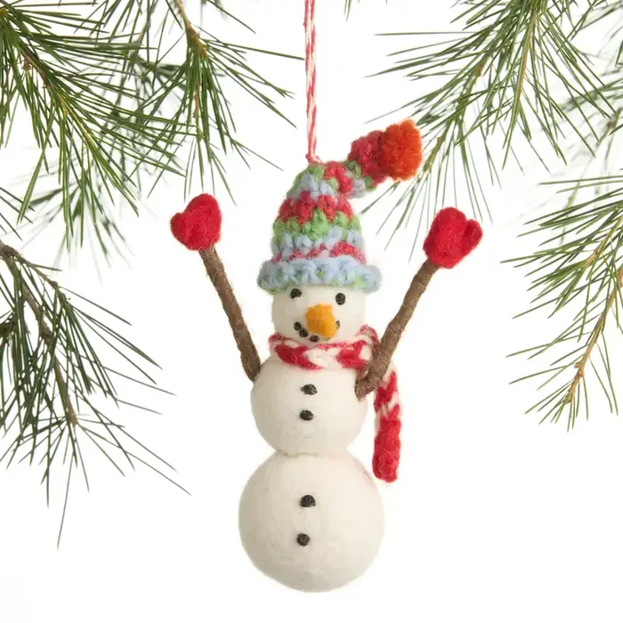Wool Snowman in Knit Hat Ornament