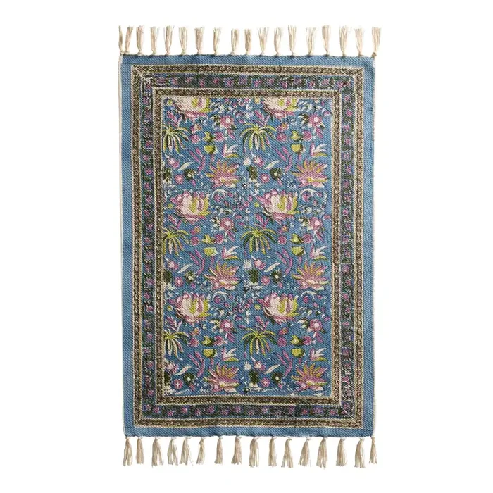 Yasemin Blue and Chartreuse Floral Block Print Reversible Area Rug