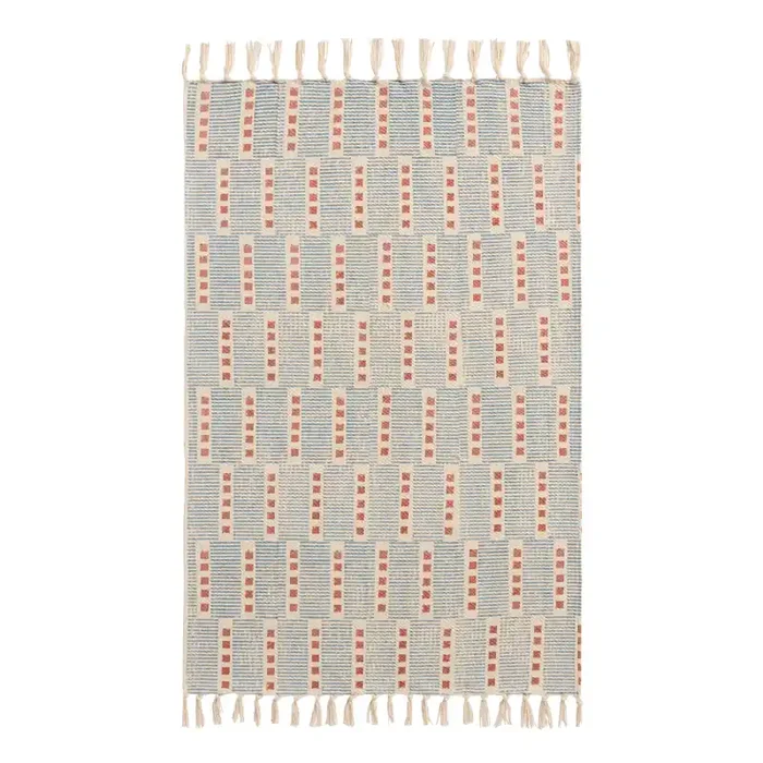 Yasemin Blue Floral and Geo Block Print Reversible Area Rug