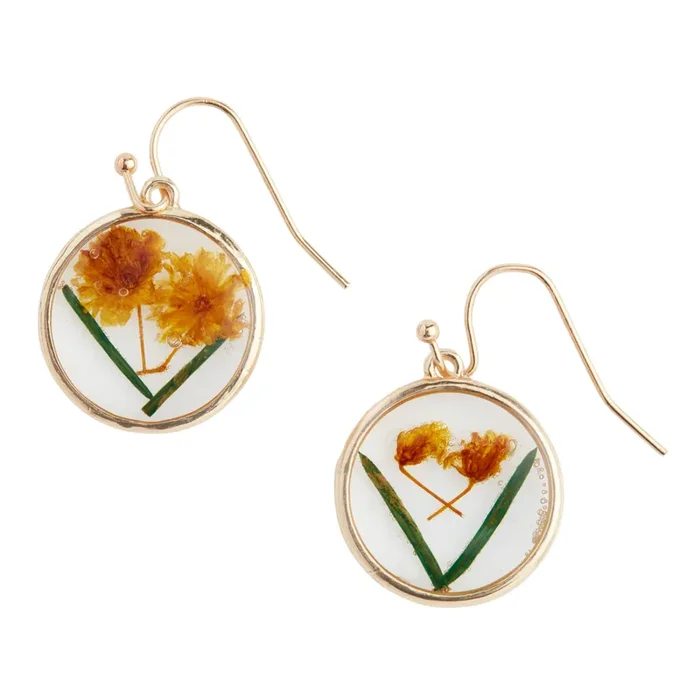 Yellow And Gold Pressed Flower Drop Earrings