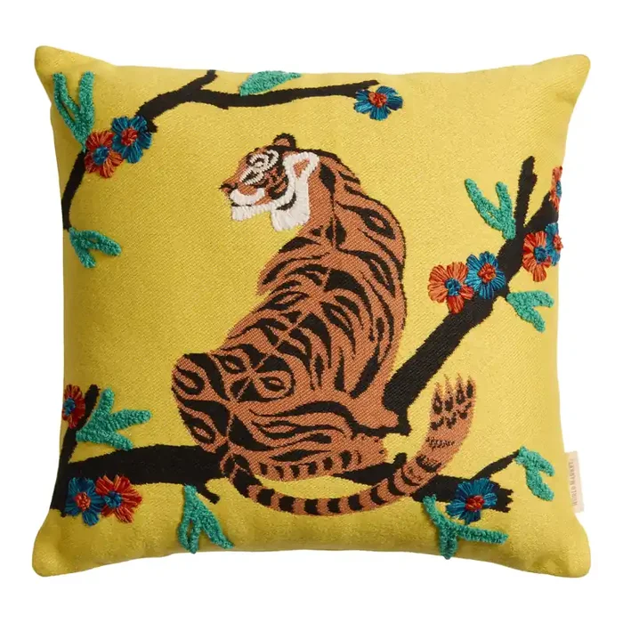 Yellow Embroidered Tiger Indoor Outdoor Throw Pillow