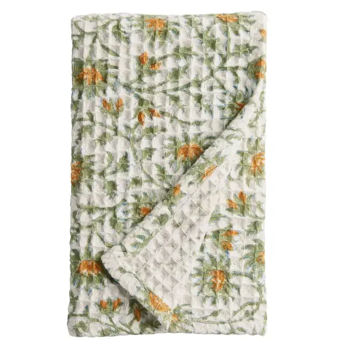 Yellow Flower Block Print Waffle Weave Hand Towel