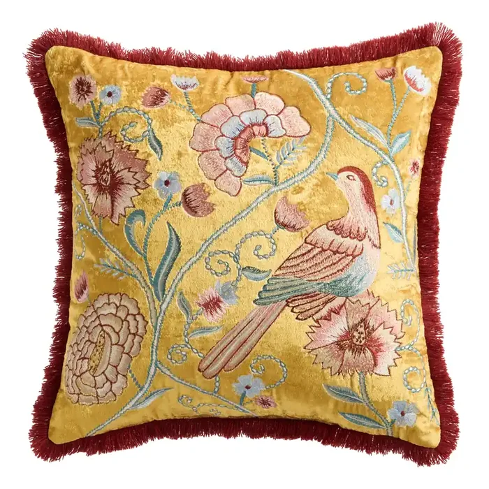 Yellow Velvet Chinoiserie Bird Fringe Throw Pillow