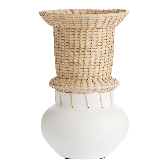 Zhura Natural Rattan And White Terracotta Vase