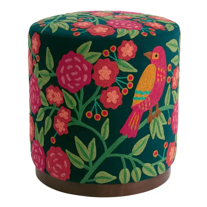 Zinnia Green Velvet Embroidered Bird and Floral Ottoman